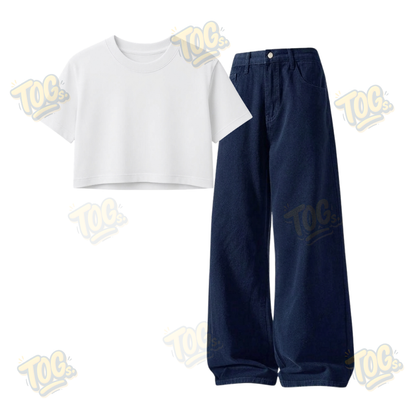 Darkblue Wide-Leg Baggy Jeans With Crop T-Shirt