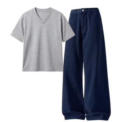 Darkblue Wide-Leg Baggy Jeans With V-Neck T-Shirt