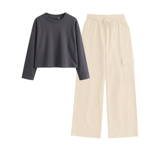 Cream Wide-Leg Cargo With Crop Full Sleeves T-Shirt