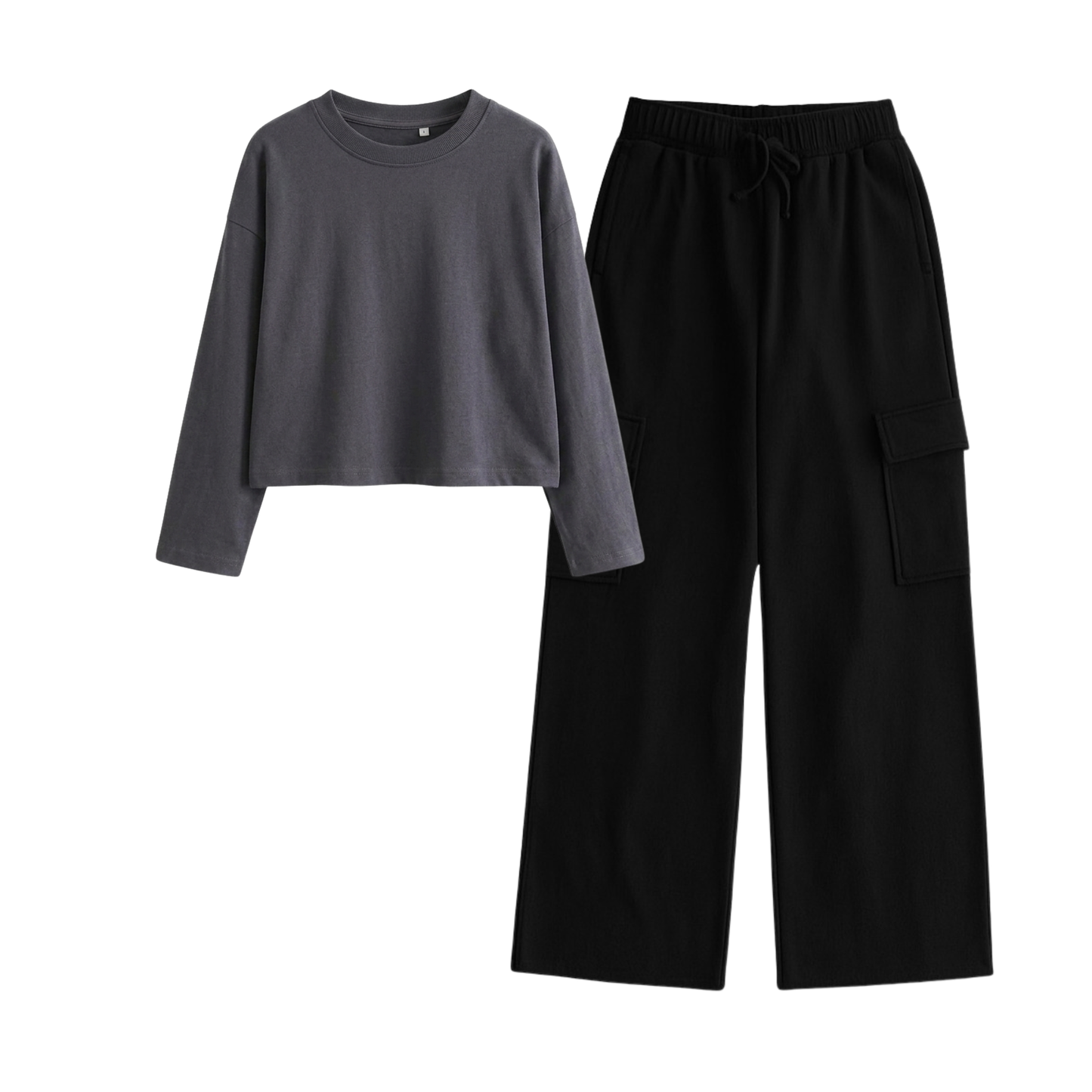 Black Wide-Leg Cargo With Crop Full Sleeves T-Shirt