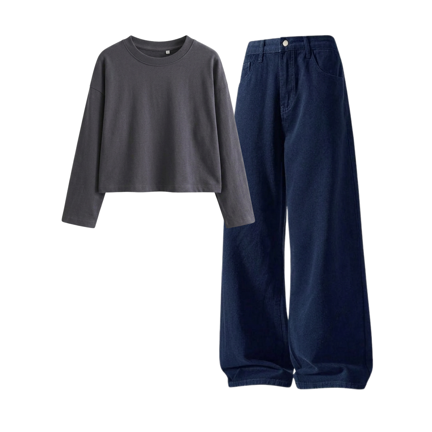 Darkblue Wide-Leg Baggy Jeans With Crop Full Sleeves T-Shirt