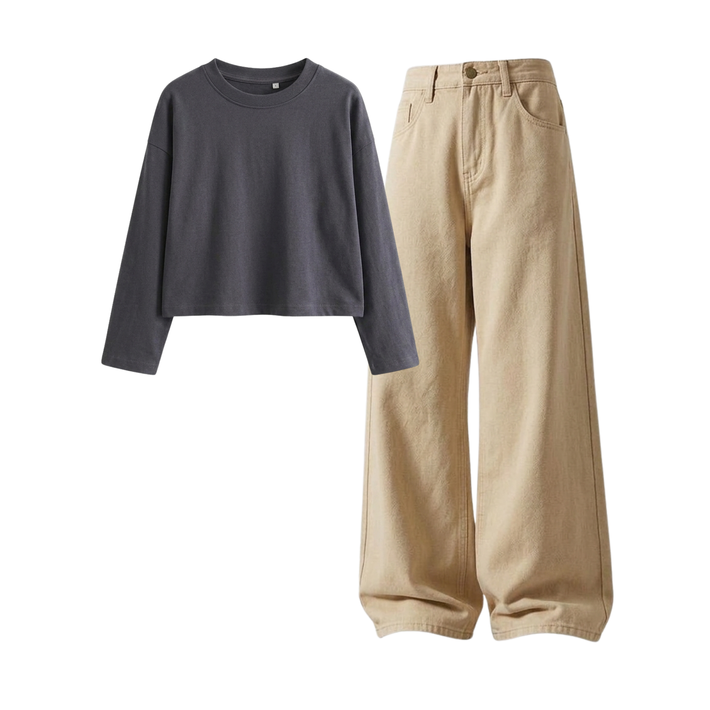Beige Wide-Leg Baggy Jeans With Crop Full Sleeves T-Shirt