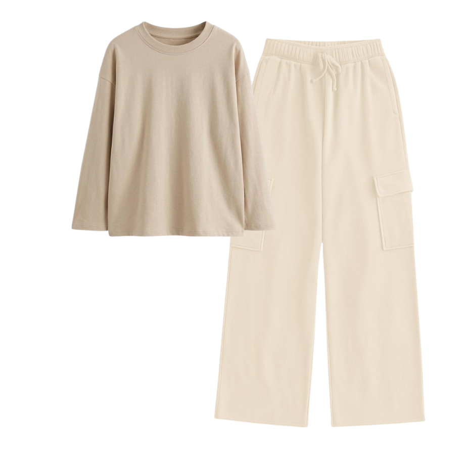 Cream Wide-Leg Cargo With Full Sleeves T-Shirt