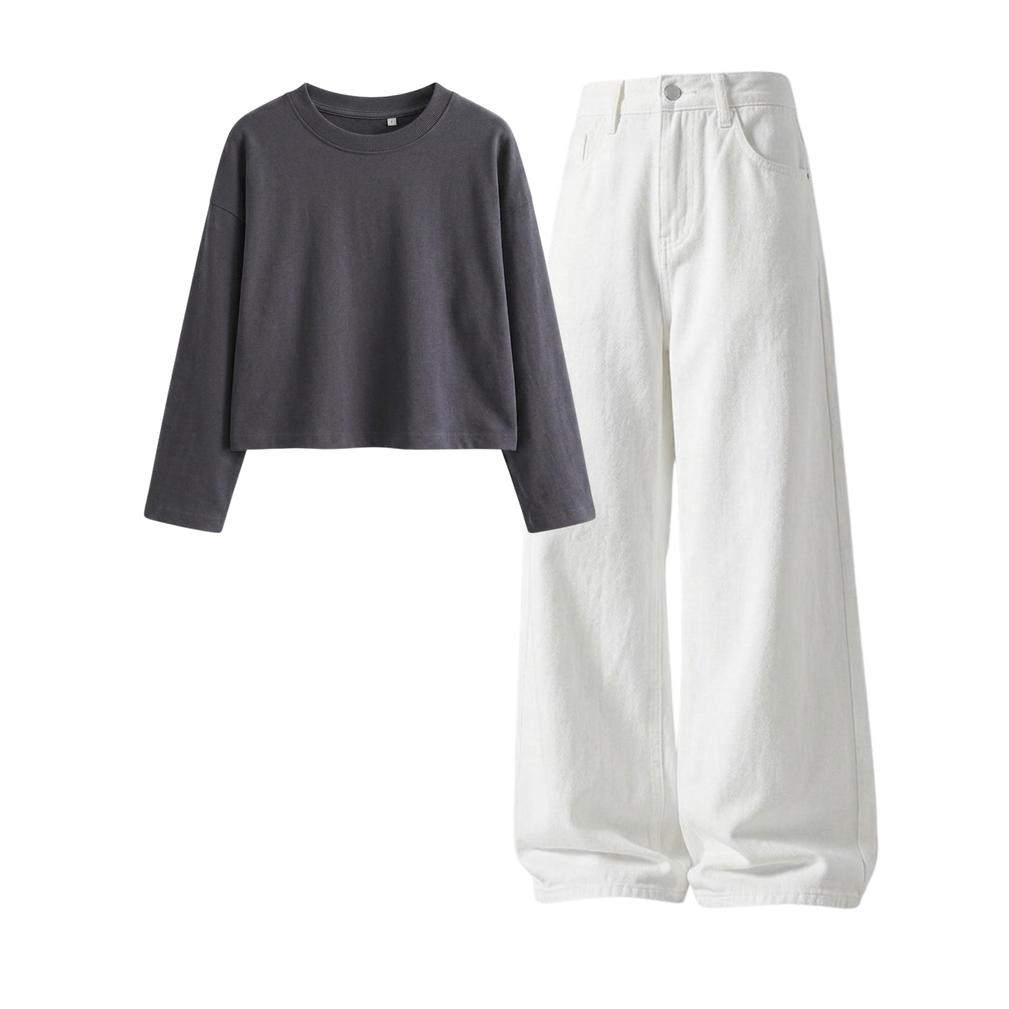 White Wide-Leg Baggy Jeans With Crop Full Sleeves T-Shirt