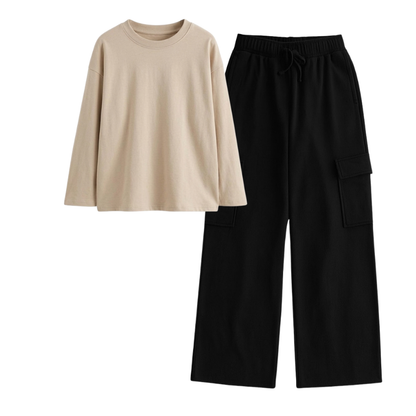 Black Wide-Leg Cargo With Full Sleeves T-Shirt
