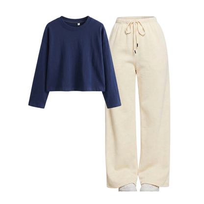 Beige Wide-Leg Trouser With Crop Full Sleeves T-Shirt