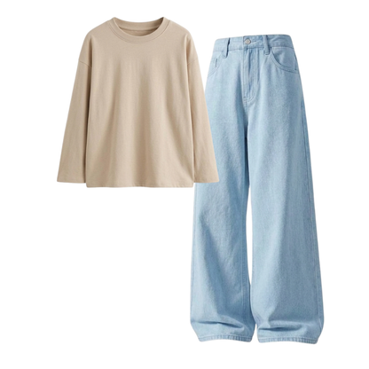 Iceblue Wide-Leg Baggy Jeans With Full Sleeves T-Shirt