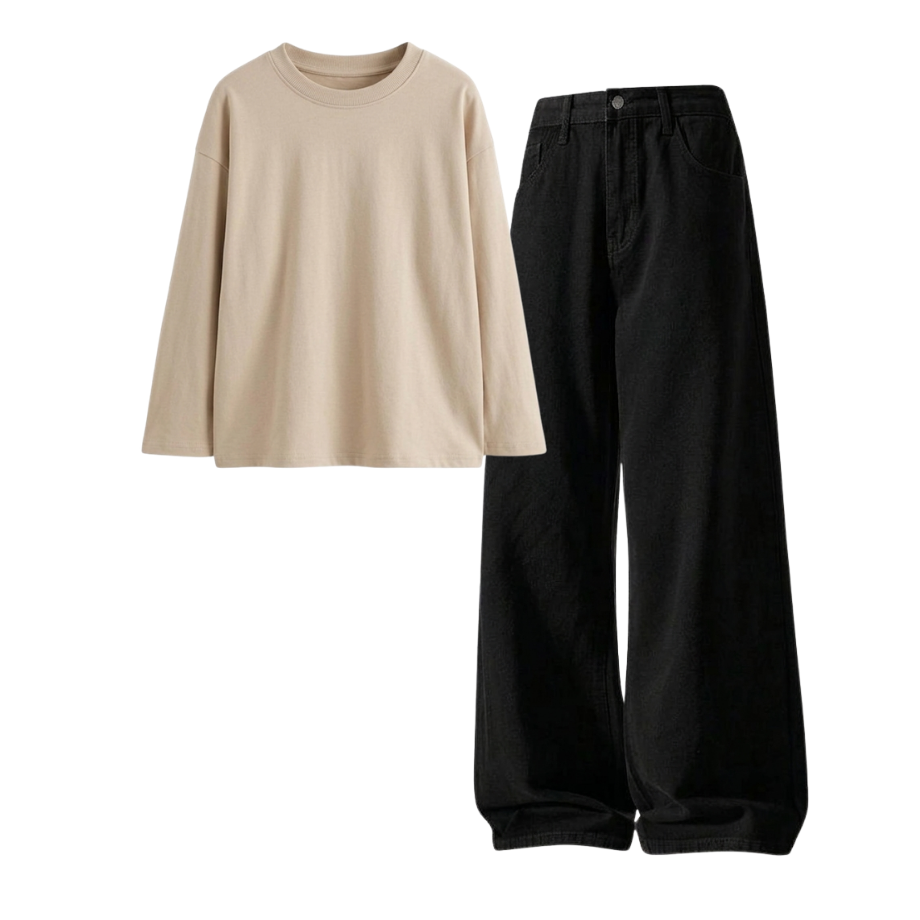 Black Wide-Leg Baggy Jeans With Full Sleeves T-Shirt