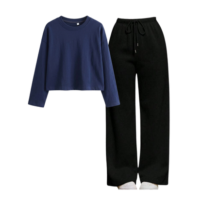Black Wide-Leg Trouser With Crop Full Sleeves T-Shirt