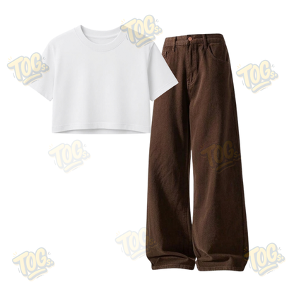 Brown Wide-Leg Baggy Jeans With Crop T-Shirt