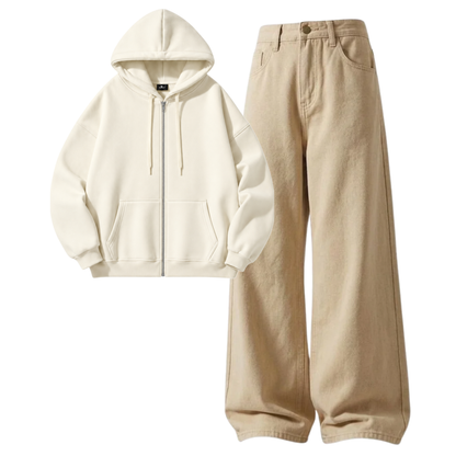 Beige Baggy Jeans With Zipper