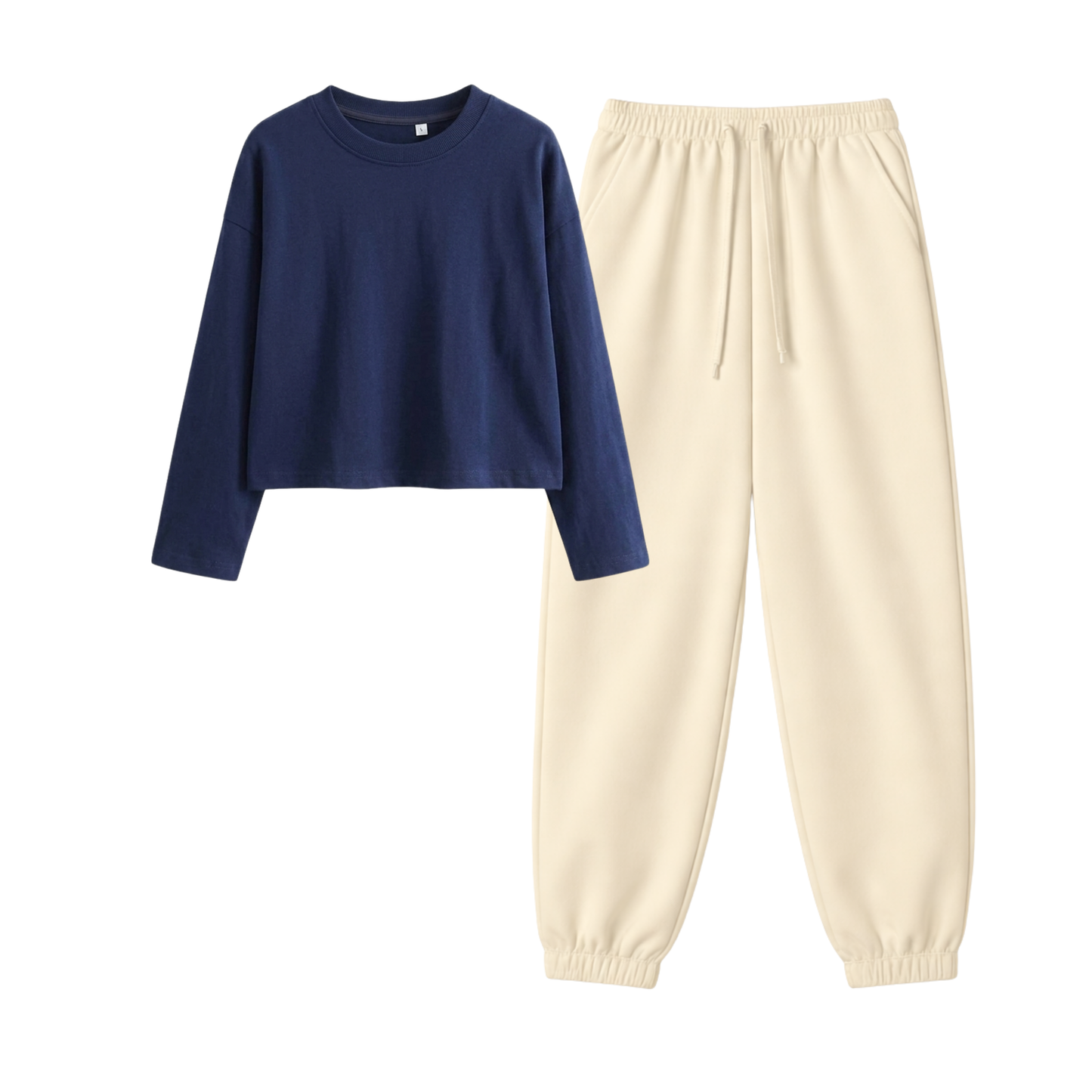 Cream Sweatpant With Crop Full Sleeves T-Shirt