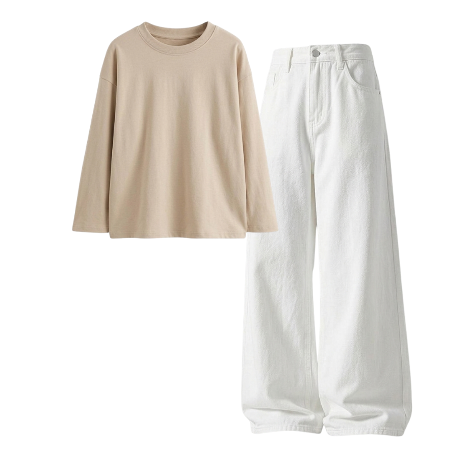 White Wide-Leg Baggy Jeans With Full Sleeves T-Shirt