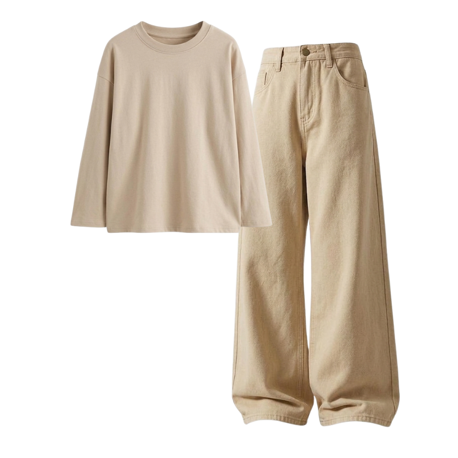 Beige Wide-Leg Baggy Jeans With Full Sleeves T-Shirt