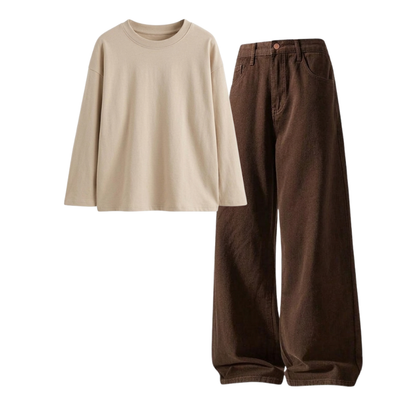 Brown Wide-Leg Baggy Jeans With Full Sleeves T-Shirt