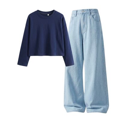 Iceblue Wide-Leg Baggy Jeans With Crop Full Sleeves T-Shirt