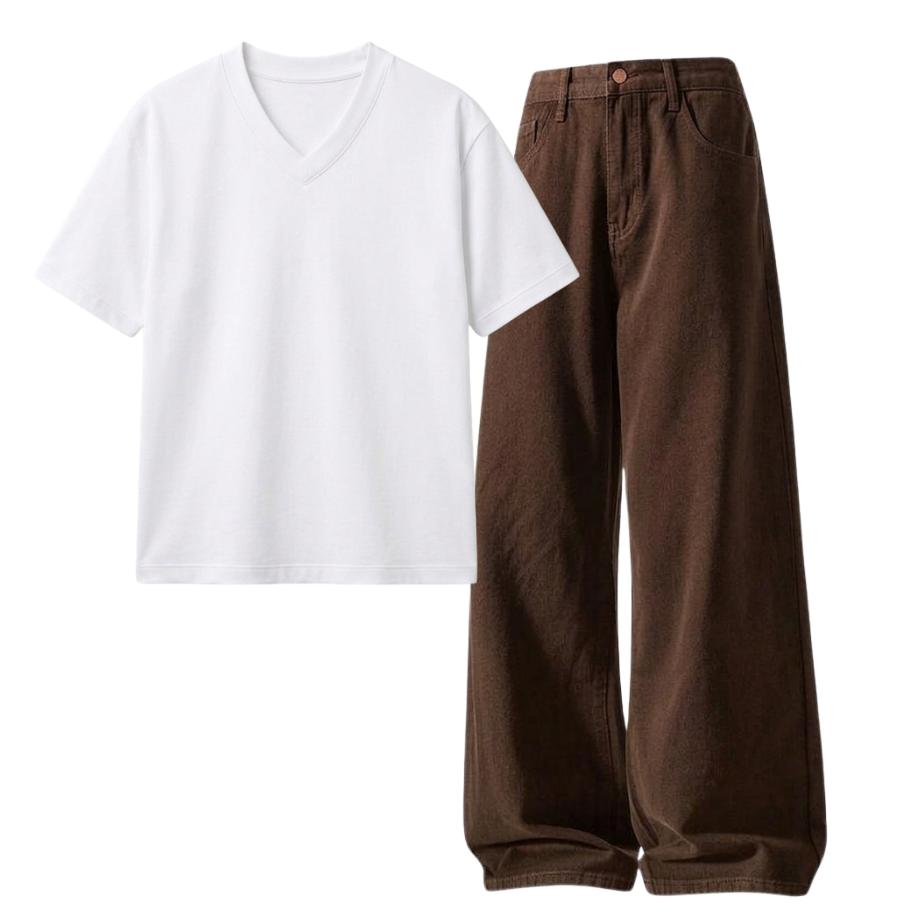 Brown Wide-Leg Baggy Jeans With V-Neck T-Shirt