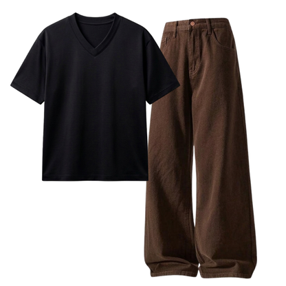 Brown Wide-Leg Baggy Jeans With V-Neck T-Shirt