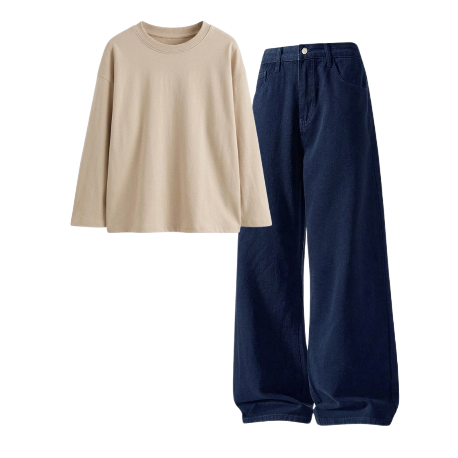 Darkblue Wide-Leg Baggy Jeans With Full Sleeves T-Shirt