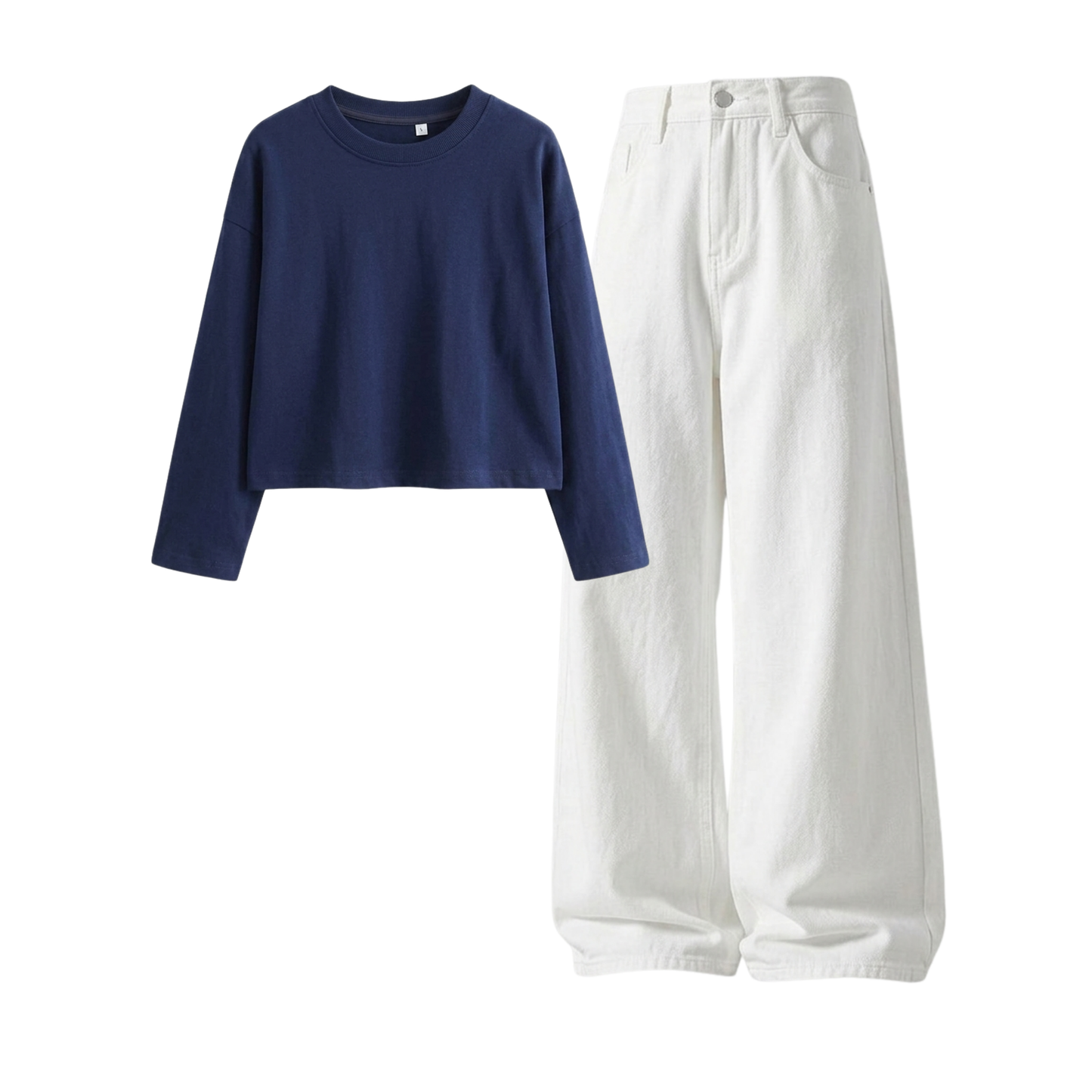 White Wide-Leg Baggy Jeans With Crop Full Sleeves T-Shirt