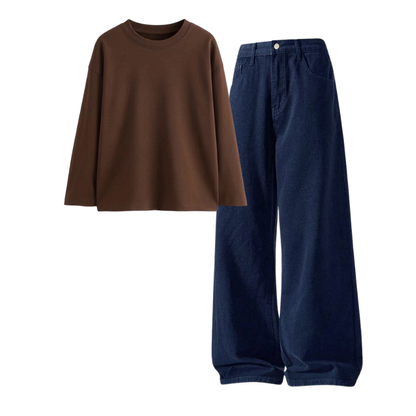Darkblue Wide-Leg Baggy Jeans With Full Sleeves T-Shirt