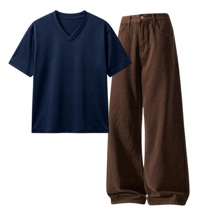 Brown Wide-Leg Baggy Jeans With V-Neck T-Shirt