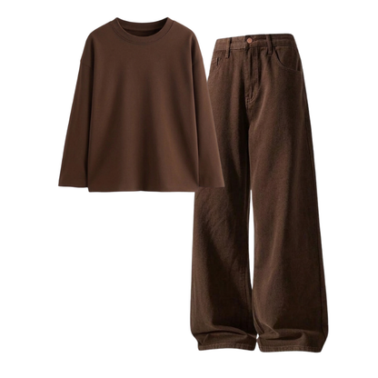 Brown Wide-Leg Baggy Jeans With Full Sleeves T-Shirt