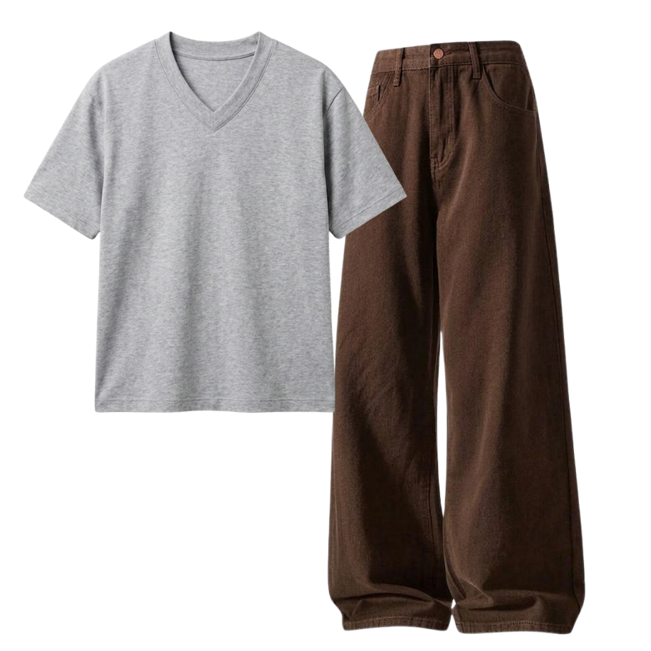 Brown Wide-Leg Baggy Jeans With V-Neck T-Shirt