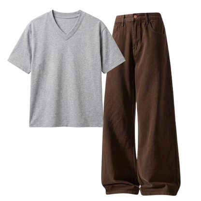 Brown Wide-Leg Baggy Jeans With V-Neck T-Shirt
