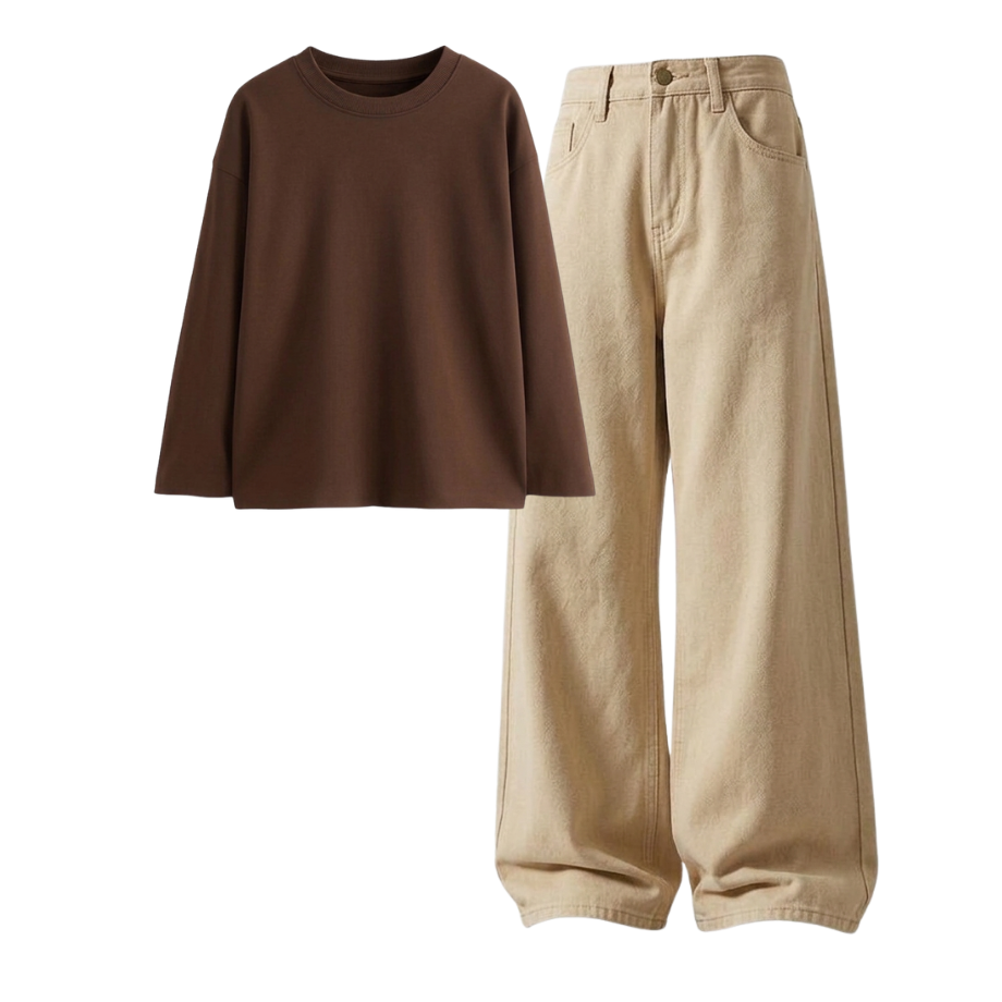 Beige Wide-Leg Baggy Jeans With Full Sleeves T-Shirt