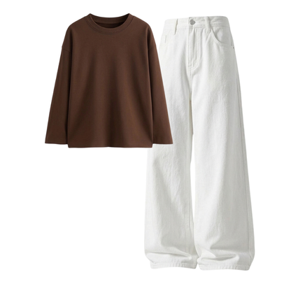 White Wide-Leg Baggy Jeans With Full Sleeves T-Shirt