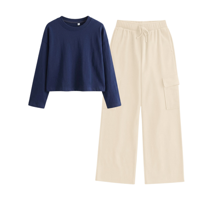 Cream Wide-Leg Cargo With Crop Full Sleeves T-Shirt