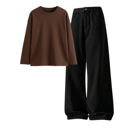 Black Wide-Leg Baggy Jeans With Full Sleeves T-Shirt