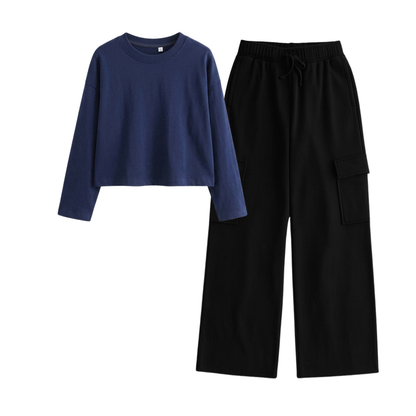 Black Wide-Leg Cargo With Crop Full Sleeves T-Shirt
