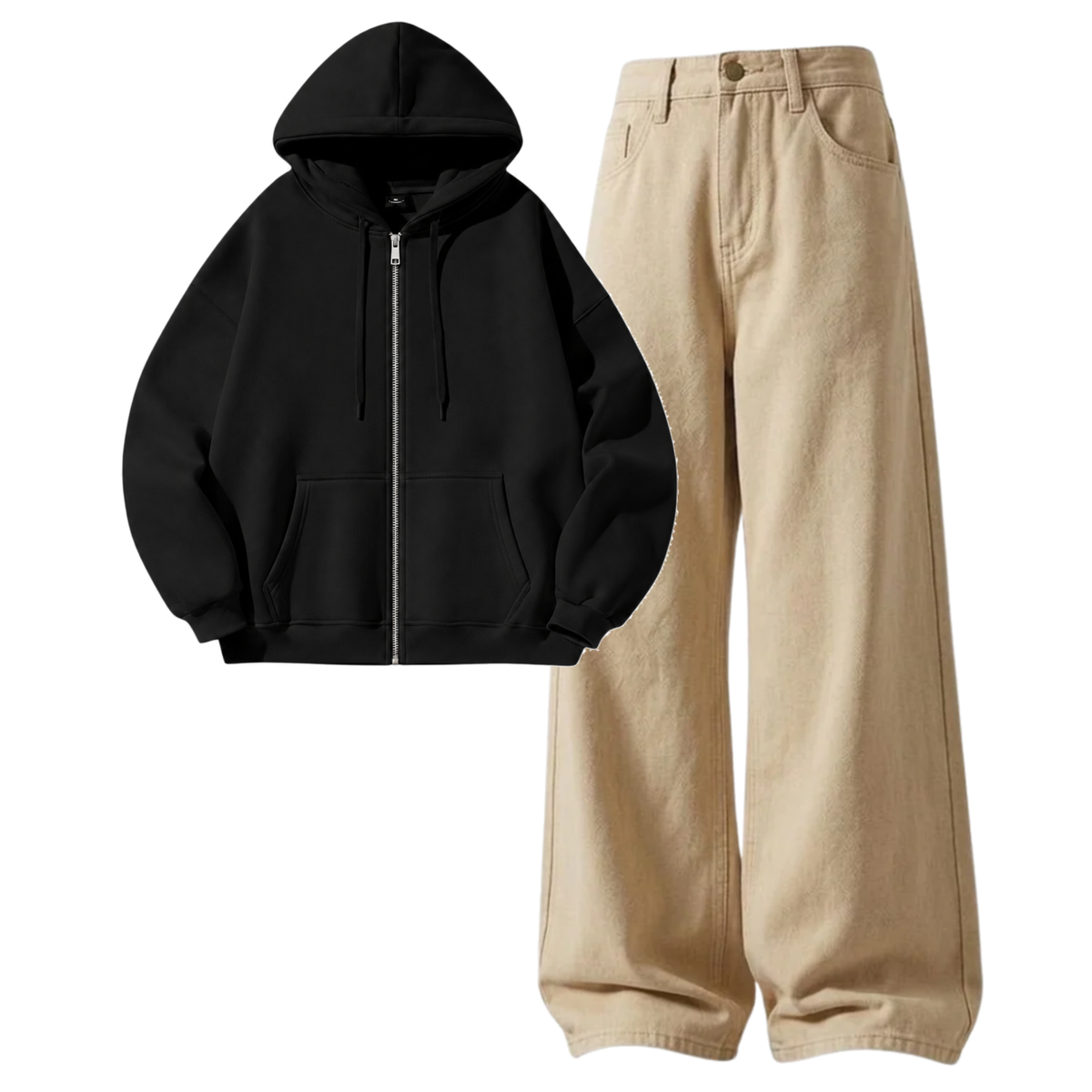 Beige Baggy Jeans With Zipper