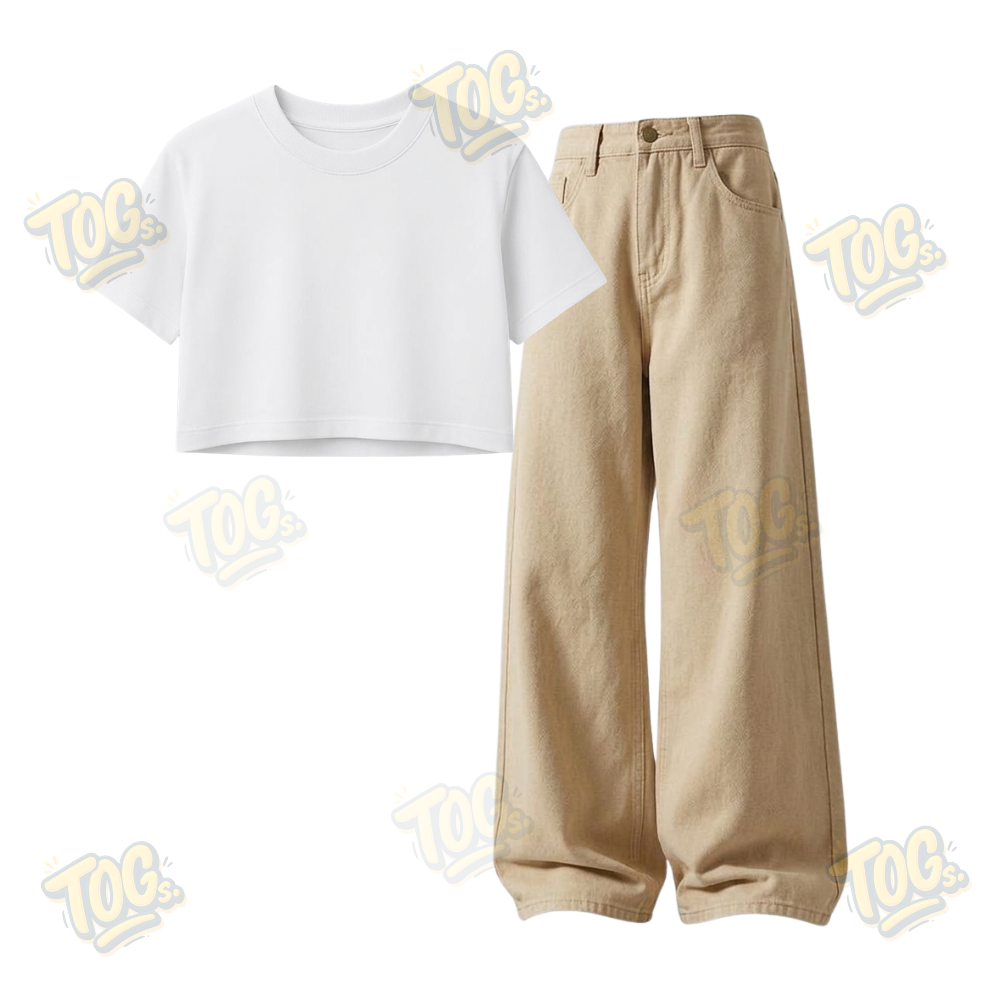 Beige Wide-Leg Baggy Jeans With Crop T-Shirt