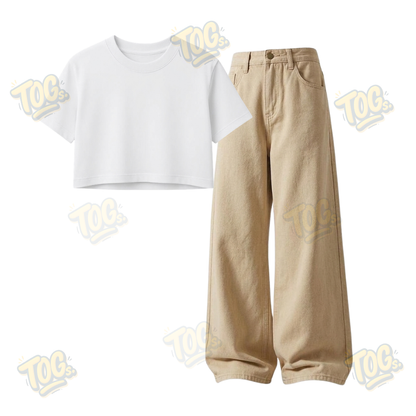 Beige Wide-Leg Baggy Jeans With Crop T-Shirt