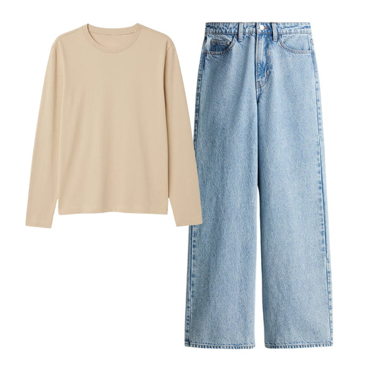 Cream Full Sleeves Tee With Ice Blue Jeans