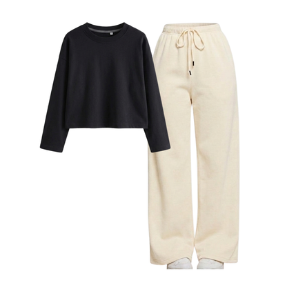 Beige Wide-Leg Trouser With Crop Full Sleeves T-Shirt