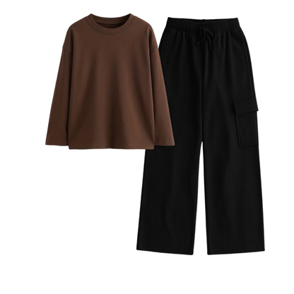 Black Wide-Leg Cargo With Full Sleeves T-Shirt