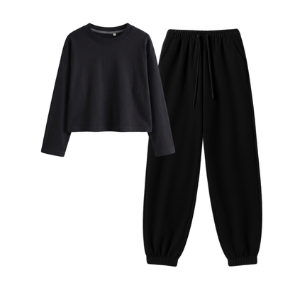 Black Sweatpant With Crop Full Sleeves T-Shirt