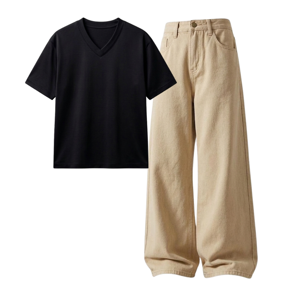 Beige Wide-Leg Baggy Jeans With V-Neck T-Shirt