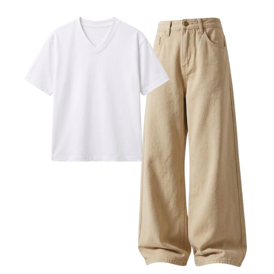 Beige Wide-Leg Baggy Jeans With V-Neck T-Shirt