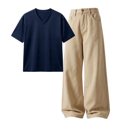 Beige Wide-Leg Baggy Jeans With V-Neck T-Shirt