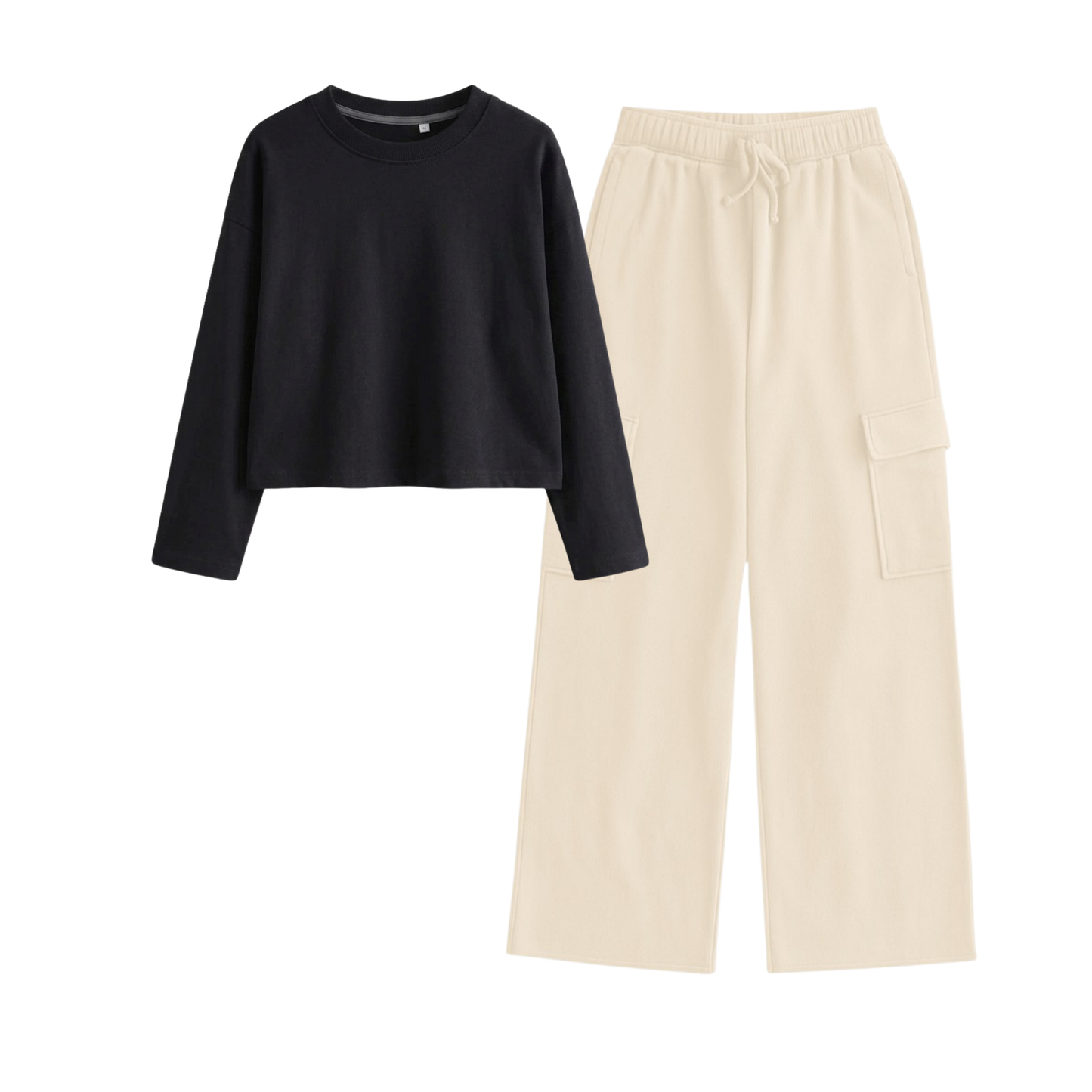 Cream Wide-Leg Cargo With Crop Full Sleeves T-Shirt