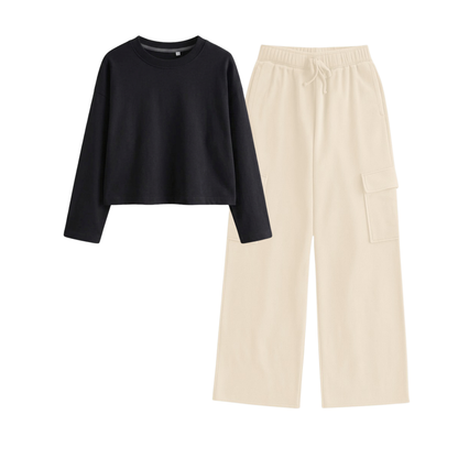 Cream Wide-Leg Cargo With Crop Full Sleeves T-Shirt