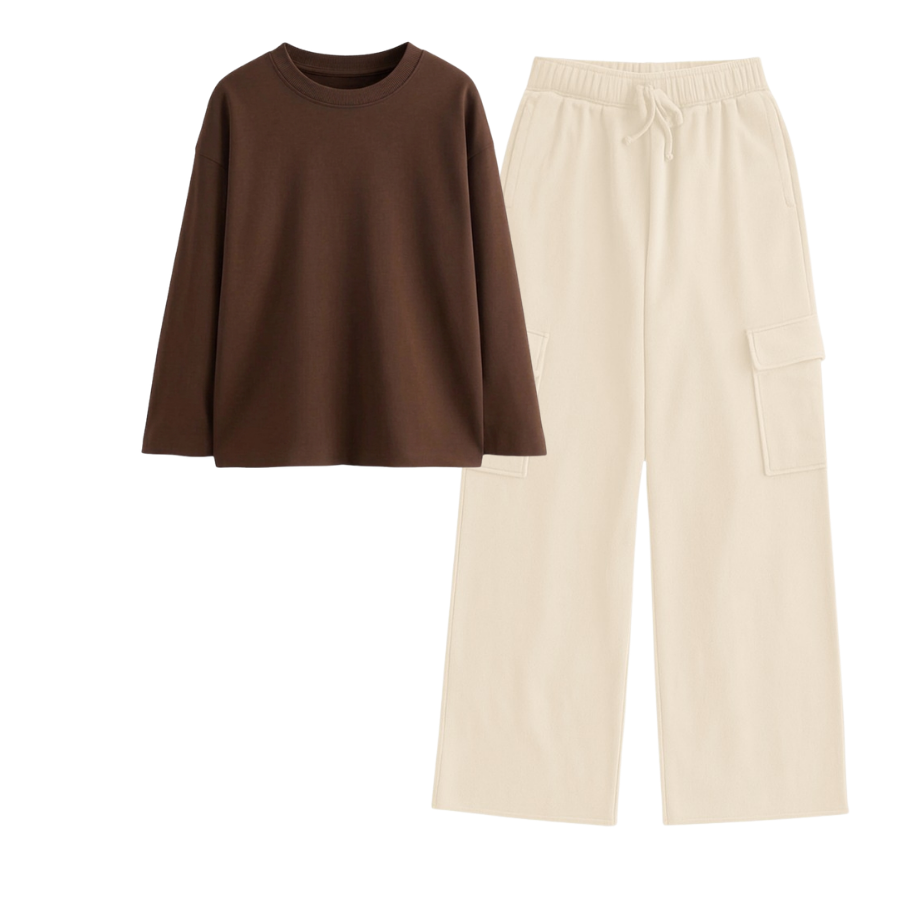 Cream Wide-Leg Cargo With Full Sleeves T-Shirt