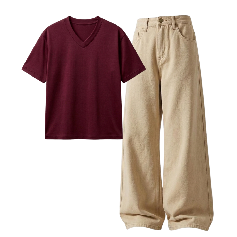 Beige Wide-Leg Baggy Jeans With V-Neck T-Shirt