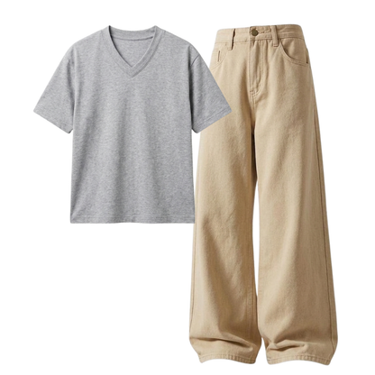 Beige Wide-Leg Baggy Jeans With V-Neck T-Shirt