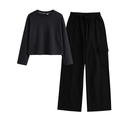 Black Wide-Leg Cargo With Crop Full Sleeves T-Shirt